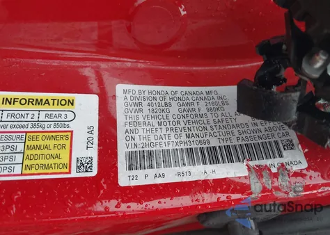 2023 Honda Civic Ex/Ex W/O Bsi z USA, uszkodzony, nr VIN 2HGFE1F7XPH310699